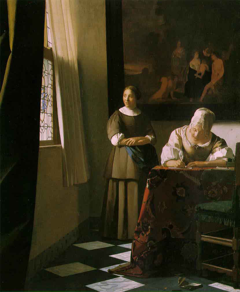 Une dame ecrivant une lettre et sa servante